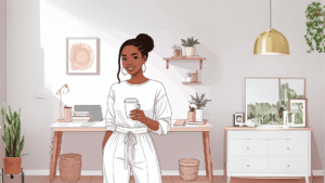 SHC's mascot called Grace at home, working from a cozy desk setup, sipping tea.
