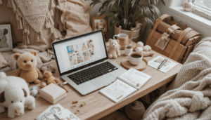 A comfy boho styled home workspace with a laptop, a notebook, a cup of tea, and toys nearby
