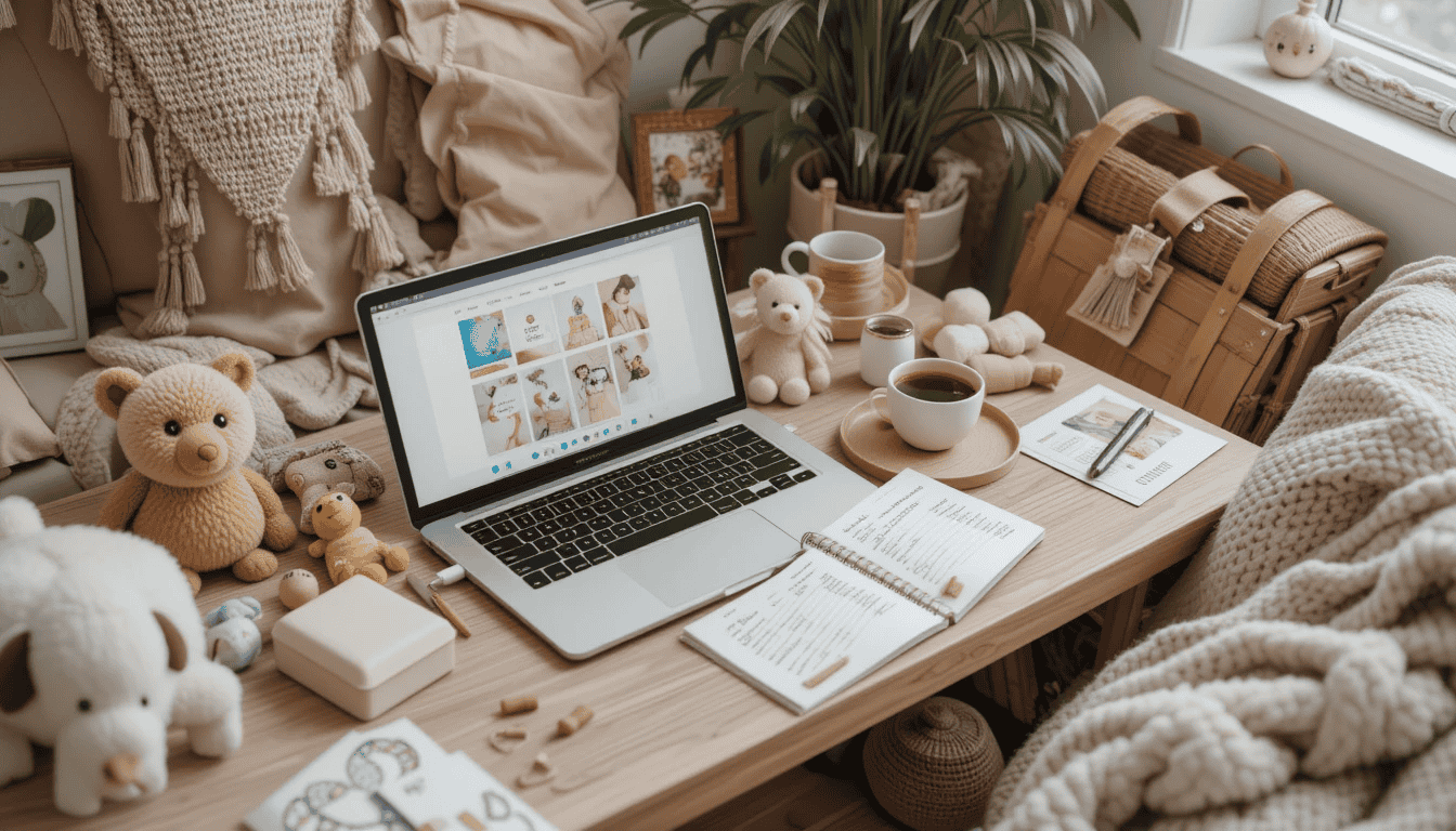 A comfy boho styled home workspace with a laptop, a notebook, a cup of tea, and toys nearby
